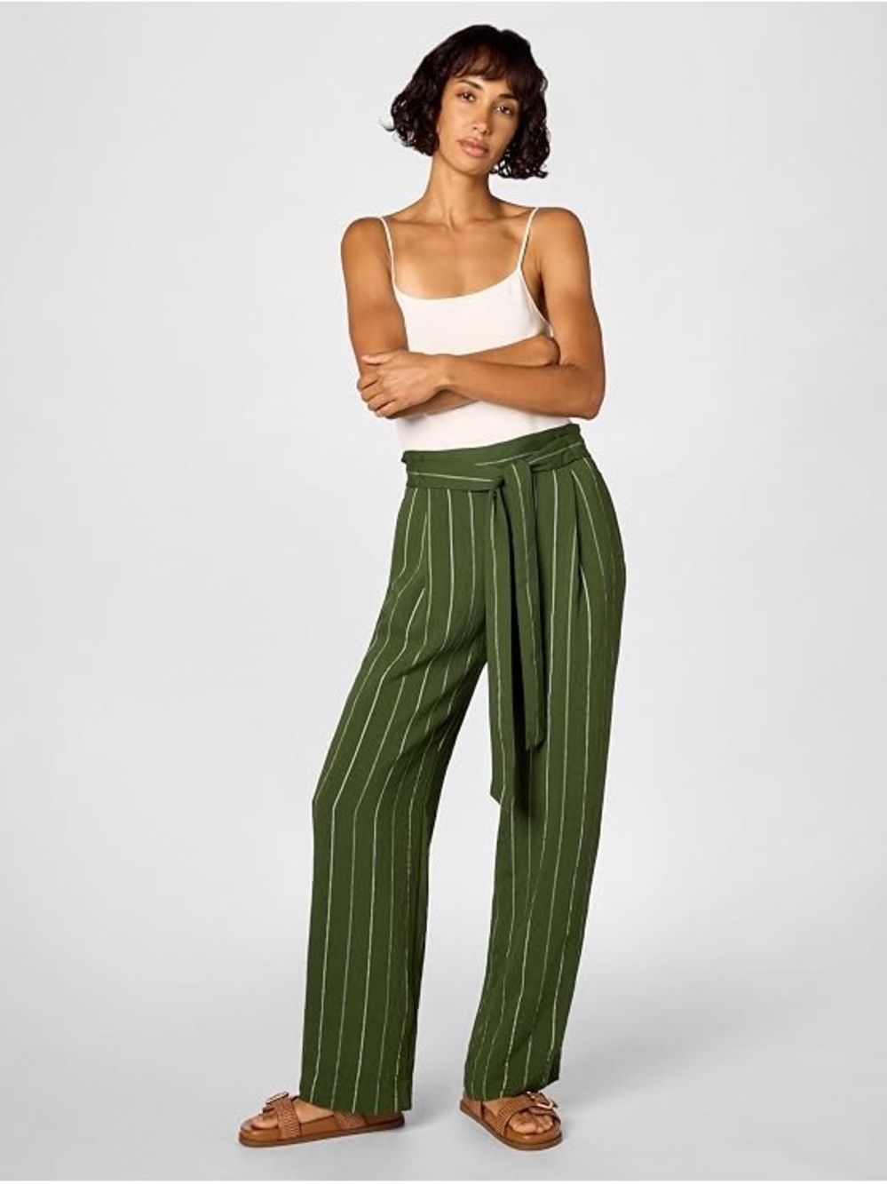 Vince Olive Green Pinstripe Wide-Leg Tie-Waist Pants